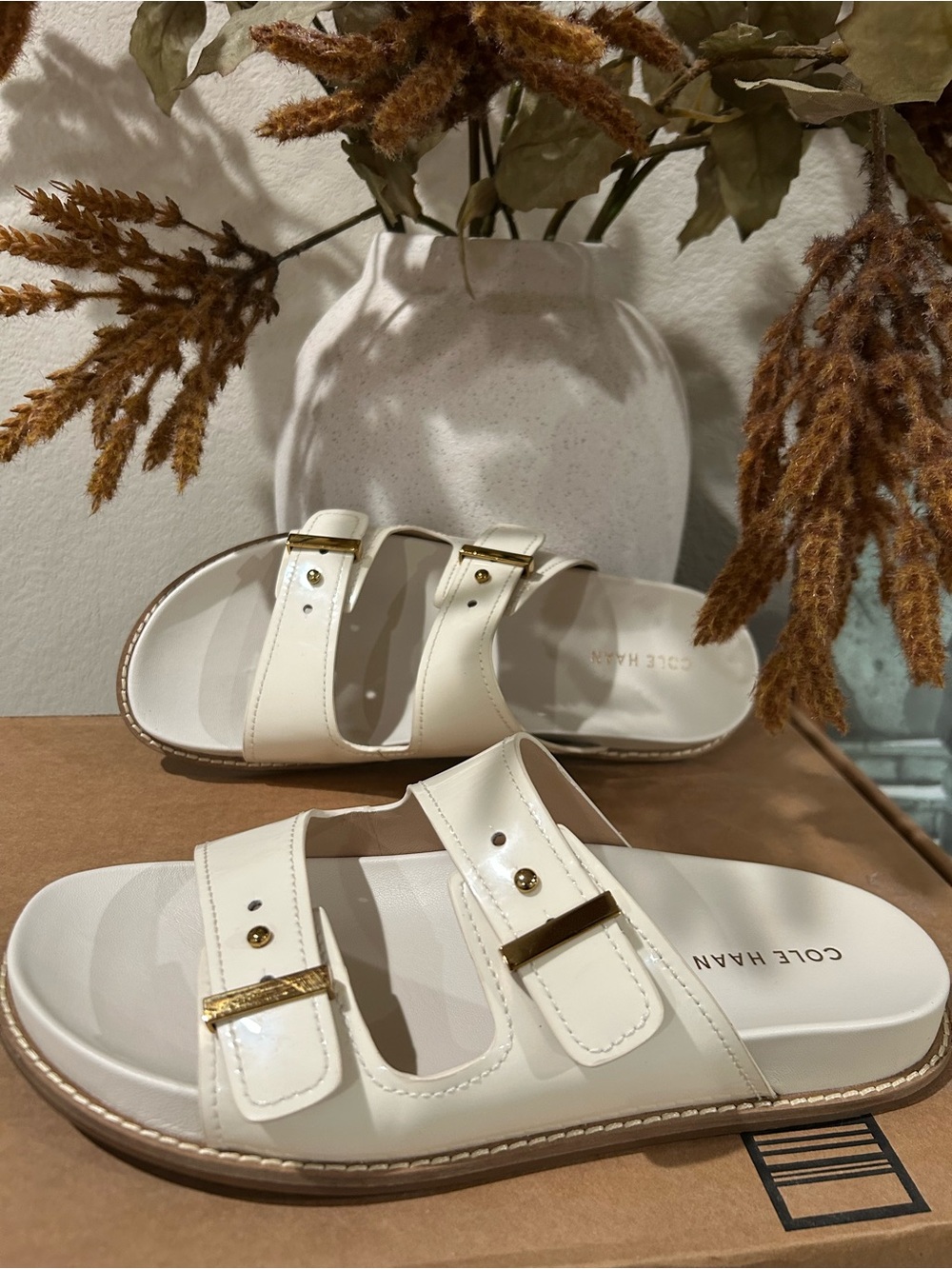 New Cole Haan Ivory Double Strap Slide Sandals 9B